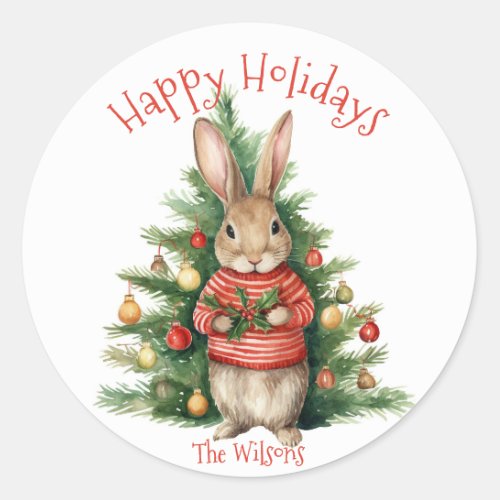 Happy Holidays _ Cute Bunny with a Christmas Tree Classic Round Sticker