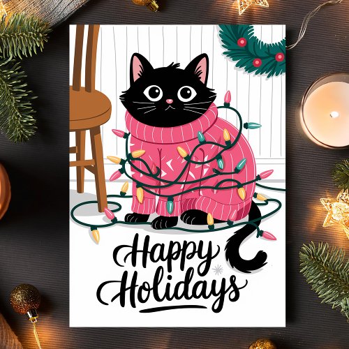 Happy Holidays Cute Cat Wrapped In Lights Holiday Card