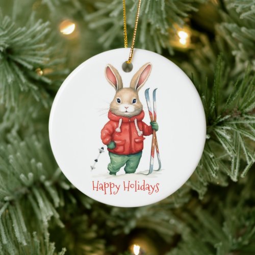 Happy Holidays _ Cute Christmas Bunny with Skis Ceramic Ornament