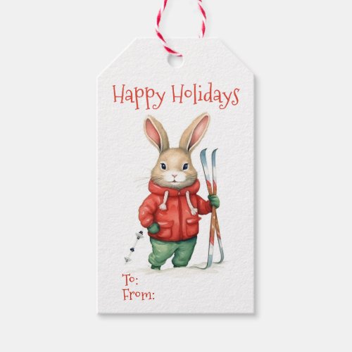 Happy Holidays _ Cute Christmas Bunny with Skis Gift Tags