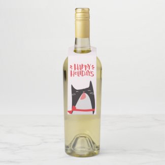 Happy Holidays - Cute Christmas Cat Cartoon Bottle Hanger Tag