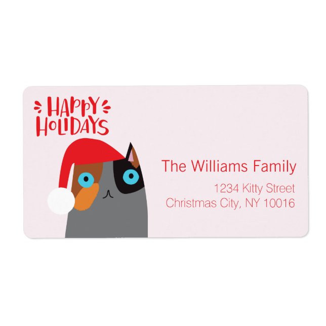Happy Holidays - Cute Christmas Cat Cartoon Label (Front)