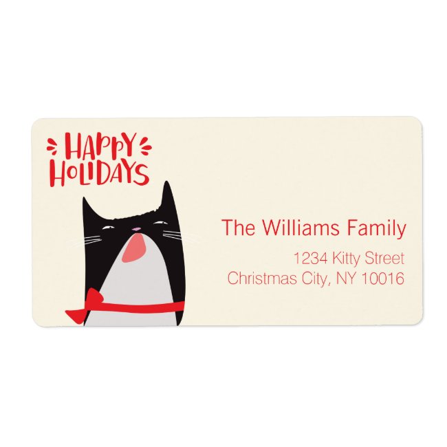 Happy Holidays - Cute Christmas Cat Cartoon Label