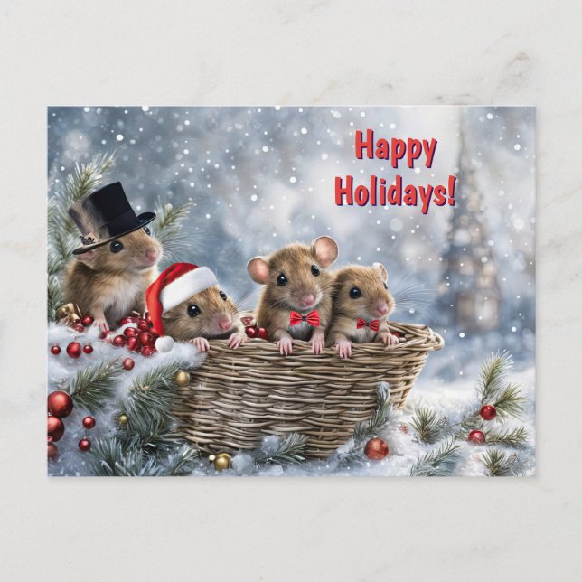 Happy Holidays Cute Christmas Mouse in a Basket Holiday Postcard (Front)