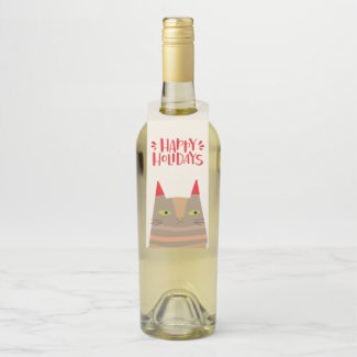 Happy Holidays - Cute Christmas Santa Cat Cartoon Bottle Hanger Tag
