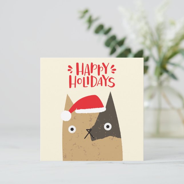 Happy Holidays - Cute Christmas Santa Cat Cartoon Holiday Card (Standing Front)