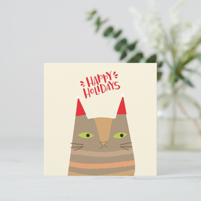 Happy Holidays - Cute Christmas Santa Cat Cartoon Holiday Card (Standing Front)