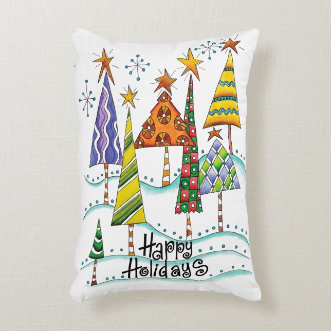 Happy Holidays! Cute Christmas Trees with Stars Accent Pillow (Front(Vertical))