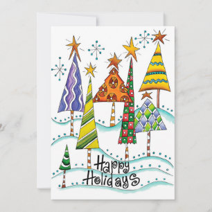 Happy Holidays! Cute Christmas Trees with Stars Holiday Card