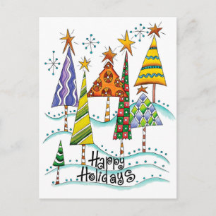 Happy Holidays! Cute Christmas Trees with Stars Holiday Postcard