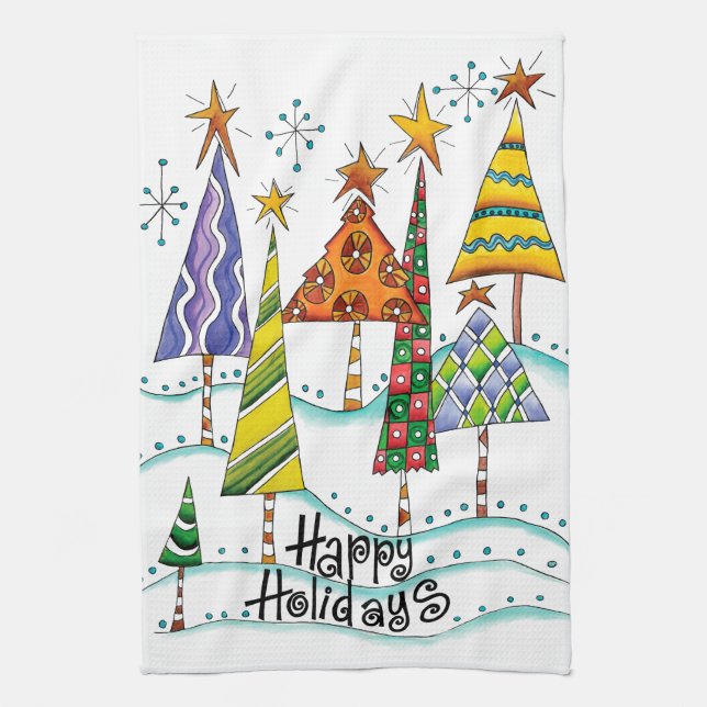 Happy Holidays! Cute Christmas Trees with Stars Kitchen Towel (Vertical)