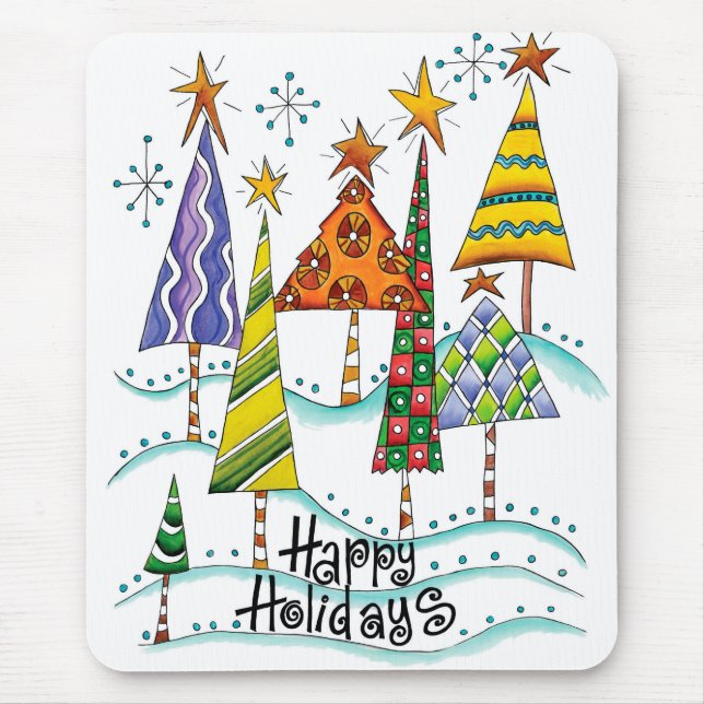 Happy Holidays! Cute Christmas Trees with Stars Mouse Pad (Front)