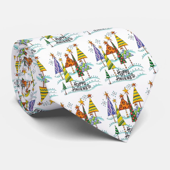 Happy Holidays! Cute Christmas Trees with Stars Neck Tie (Rolled)