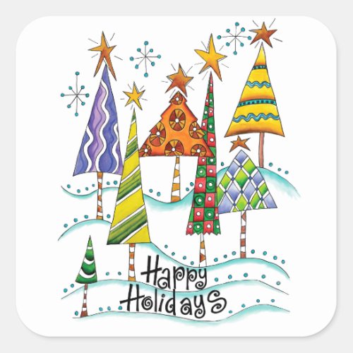 Happy Holidays Cute Christmas Trees with Stars Square Sticker