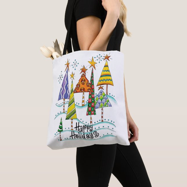 Happy Holidays! Cute Christmas Trees with Stars Tote Bag (Close Up)