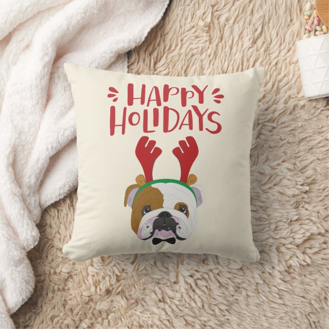 Happy Holidays - Cute English Bulldog - Christmas Throw Pillow (Blanket)