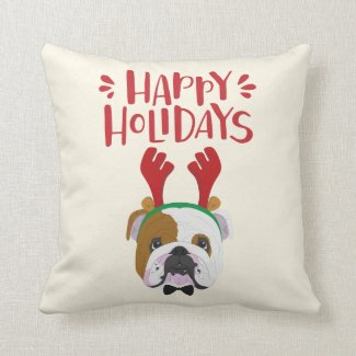 Happy Holidays - Cute English Bulldog - Christmas Throw Pillow