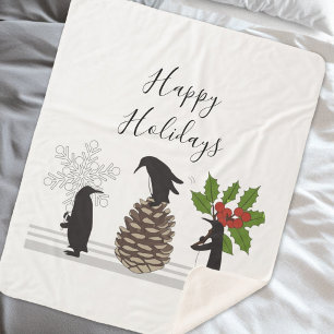 Happy Holidays Cute Funny Christmas Penguin Sherpa Blanket