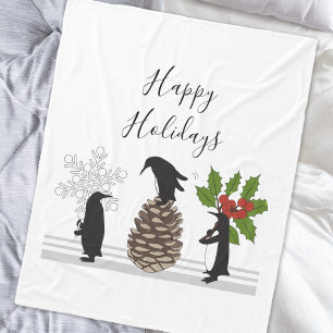Happy Holidays Cute Funny Penguin Christmas Fleece Blanket