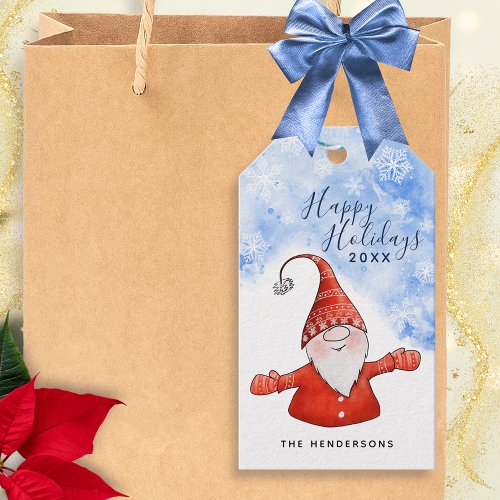 Happy Holidays Cute Gnome Blue Red Christmas Gift Tags