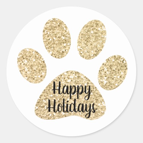 Happy Holidays Cute Gold Glitter Paw Print Classic Round Sticker