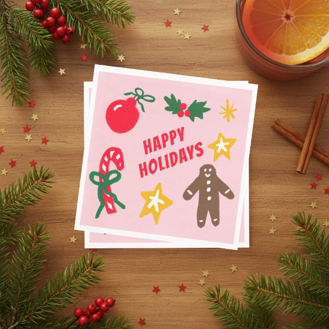 HAPPY HOLIDAYS Cute Hand-Drawn CUSTOM  Napkins (HAPPY HOLIDAYS Cute Hand-Drawn icons Christmas Party CUSTOM Napkins
)