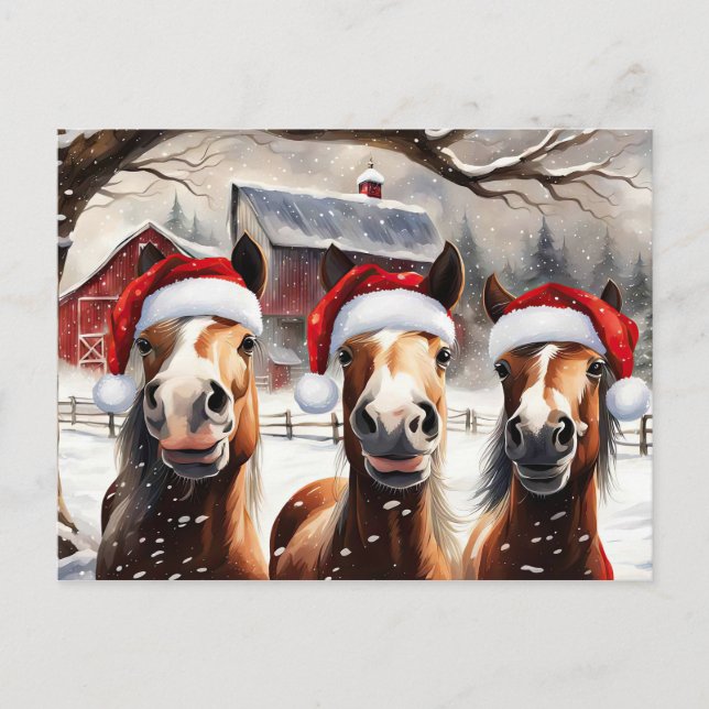 Happy Holidays Cute Horses Santa Hat Holiday Postcard (Front)