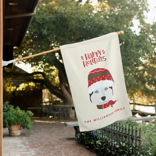 Happy Holidays _ Cute Husky Dog Christmas  House Flag