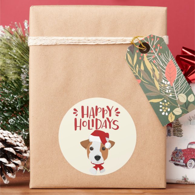 Happy Holidays - Cute Jack Russell Christmas Classic Round Sticker (Holiday)