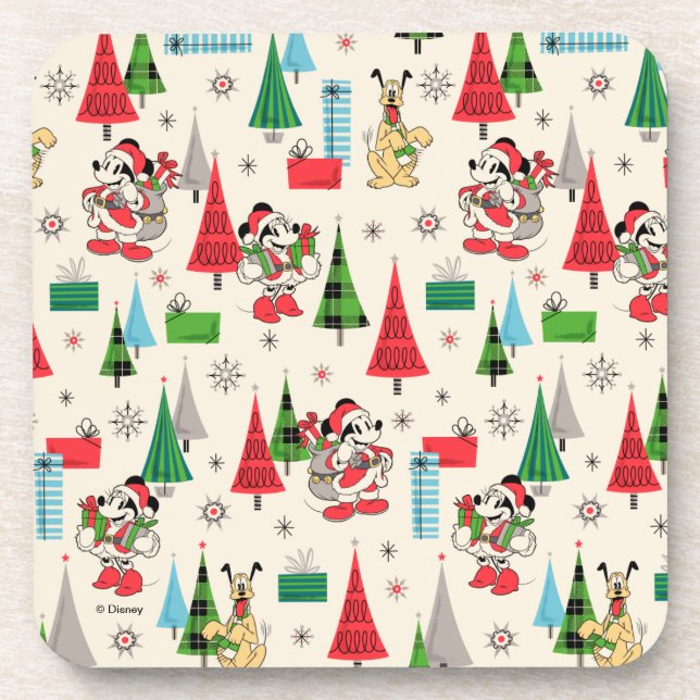 Happy Holidays | Cute Mickey Plaid Pattern Beverage Coaster (Front)