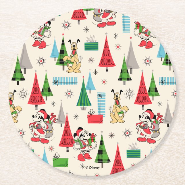 Happy Holidays | Cute Mickey Plaid Pattern Round Paper Coaster (Front)