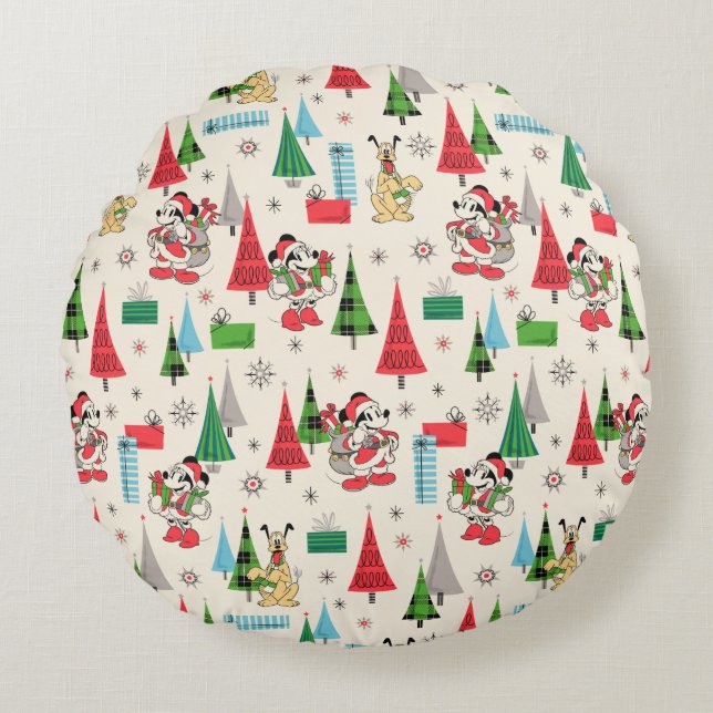 Happy Holidays | Cute Mickey Plaid Pattern Round Pillow (Front)