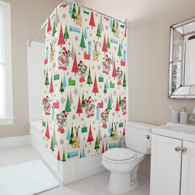 Happy Holidays | Cute Mickey Plaid Pattern Shower Curtain (In Situ)