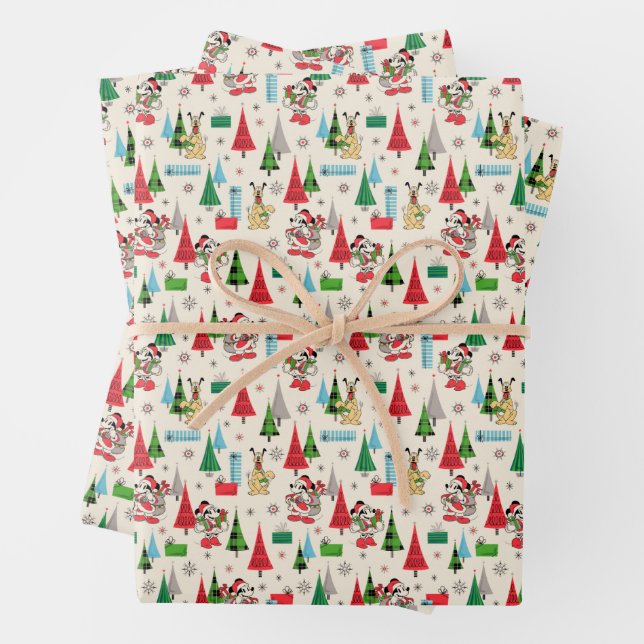 Happy Holidays | Cute Mickey Plaid Pattern Wrapping Paper Sheets (In situ)