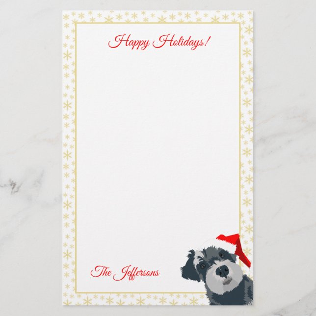Happy Holidays Cute Mini Schnauzer Dog Santa Hat Stationery (Front)