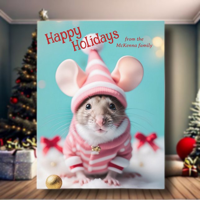 Happy Holidays Cute Mouse Family Name Christmas Holiday Postcard (Creator Uploaded)