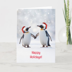 Happy Holidays Cute Pair of Penguins Hats and Snow Card