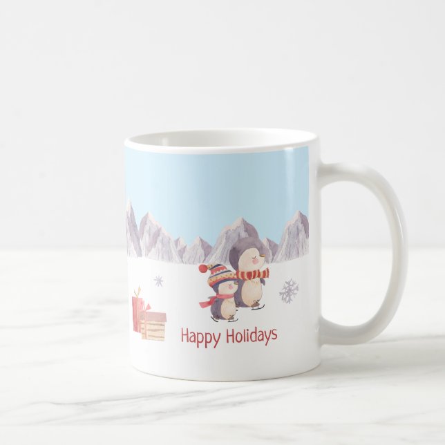 Happy Holidays Cute Penguins Playing in the Snow Coffee Mug (Right)