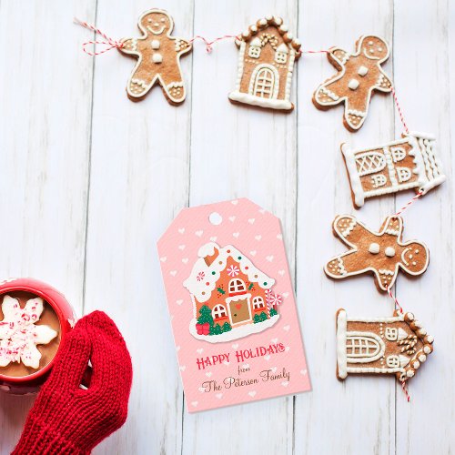 Happy Holidays Cute Pink Snowy Gingerbread House Gift Tags