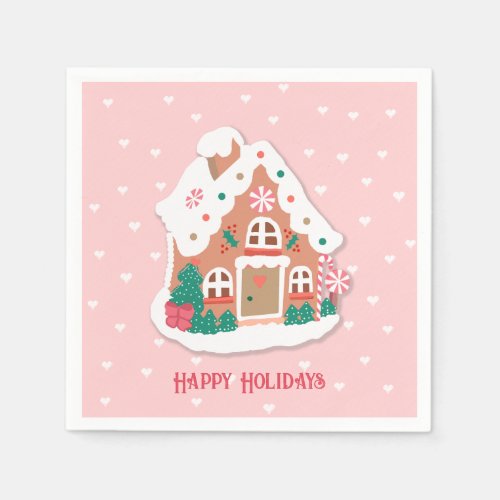 Happy Holidays Cute Pink Snowy Gingerbread House Napkins