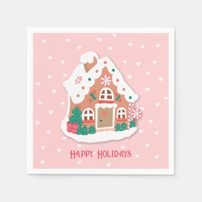 Happy Holidays Cute Pink Snowy Gingerbread House Napkins (Front)