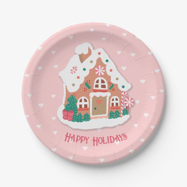 Happy Holidays Cute Pink Snowy Gingerbread House Paper Plates (Front)