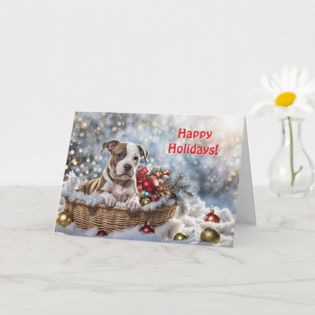 Happy Holidays Cute Pitbull Puppy Dog in Basket  Card (Small Plant)