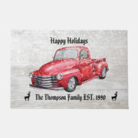 Happy Holidays cute red truck snowfall family name