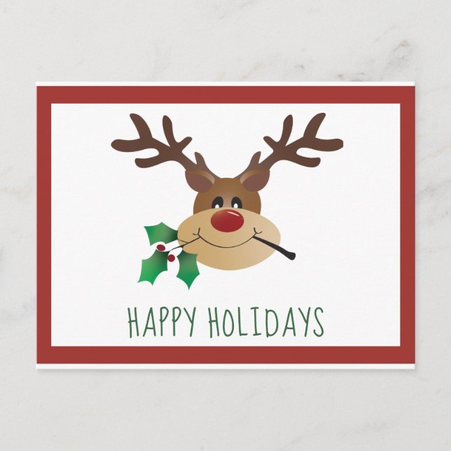 Happy Holidays Cute Reindeer Mistletoe Red Green Postcard (Front)