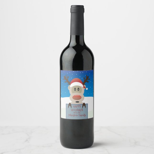 Happy Holidays Cute Reindeer Wine Labels (Front)
