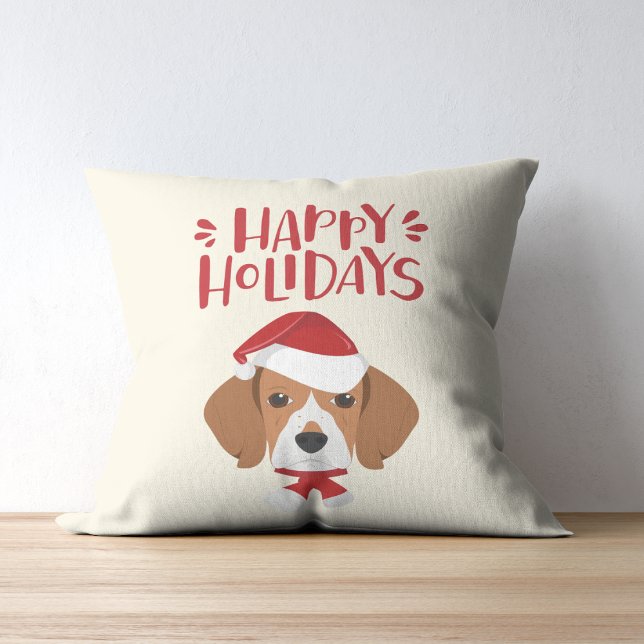 Happy Holidays - Cute Santa Beagle  - Christmas Throw Pillow (Creator Uploaded)