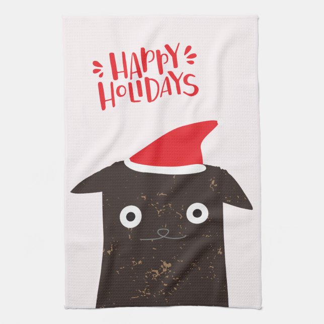 Happy Holidays! Cute Santa Cat Cartoon - Christmas Kitchen Towel (Vertical)