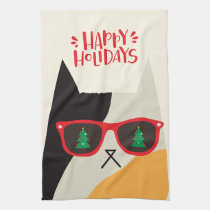 Happy Holidays! Cute Santa Cat Cartoon - Christmas Kitchen Towel