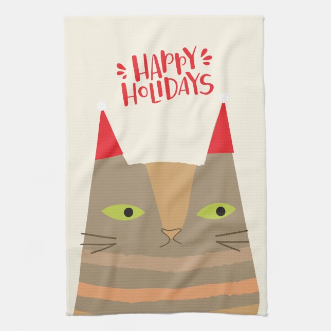 Happy Holidays! Cute Santa Cat Cartoon - Christmas Kitchen Towel (Vertical)